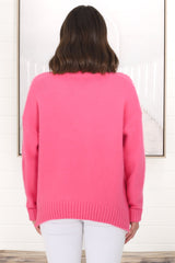 Taytum Jumper - Ribbed Pattern Detail Pull Over Knit Jumper in Pink