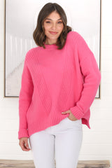 Taytum Jumper - Ribbed Pattern Detail Pull Over Knit Jumper in Pink