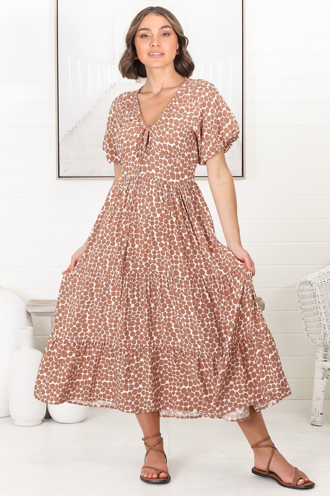 Tea Midi Dress - Pull In V Neckline Dress with Cap Sleeves in Aminah Print Rust