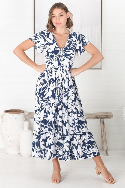 Tea Midi Dress - Pull In V Neckline Dress with Cap Sleeves in Charis Print Blue