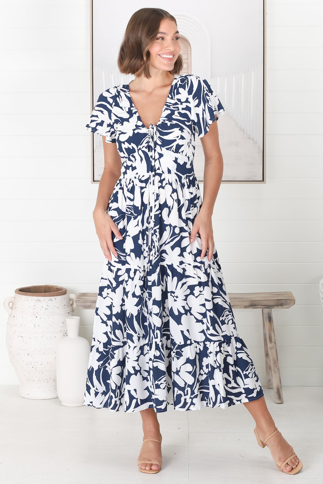 Tea Midi Dress - Pull In V Neckline Dress with Cap Sleeves in Charis Print Blue