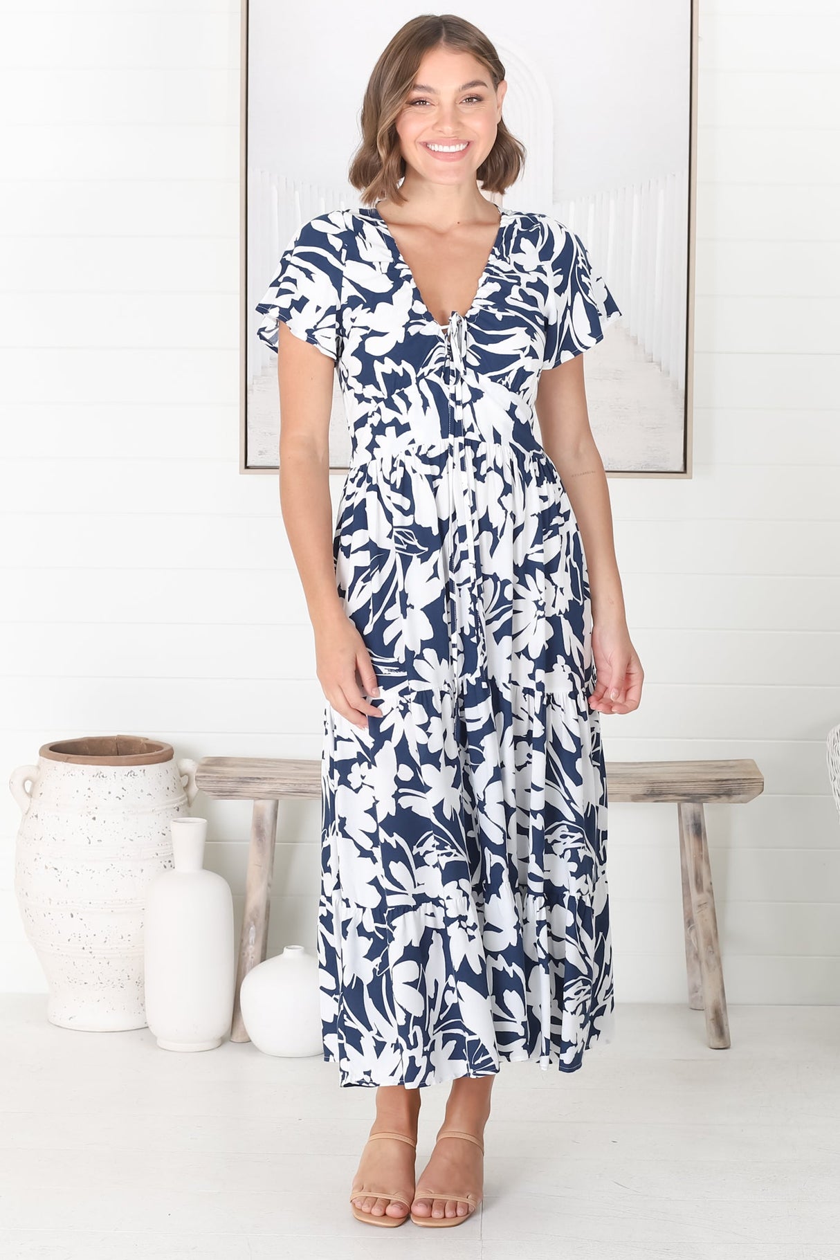 Tea Midi Dress - Pull In V Neckline Dress with Cap Sleeves in Charis Print Blue