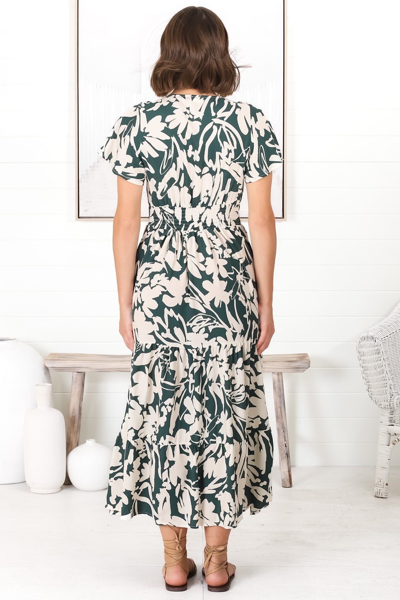 Tea Midi Dress - Pull In V Neckline Dress with Cap Sleeves in Charis Print Emerald