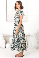 Tea Midi Dress - Pull In V Neckline Dress with Cap Sleeves in Charis Print Emerald