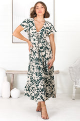 Tea Midi Dress - Pull In V Neckline Dress with Cap Sleeves in Charis Print Emerald