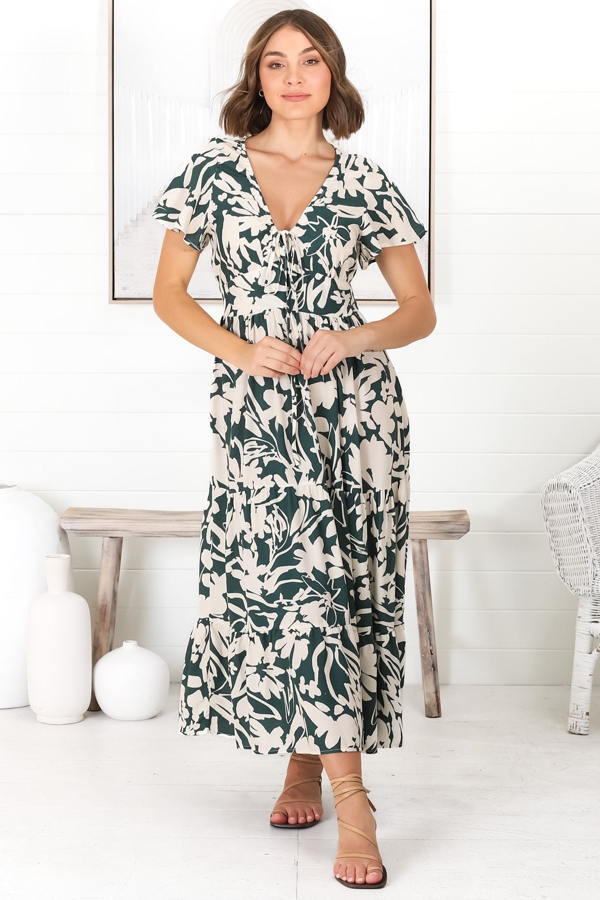 Tea Midi Dress - Pull In V Neckline Dress with Cap Sleeves in Charis Print Emerald