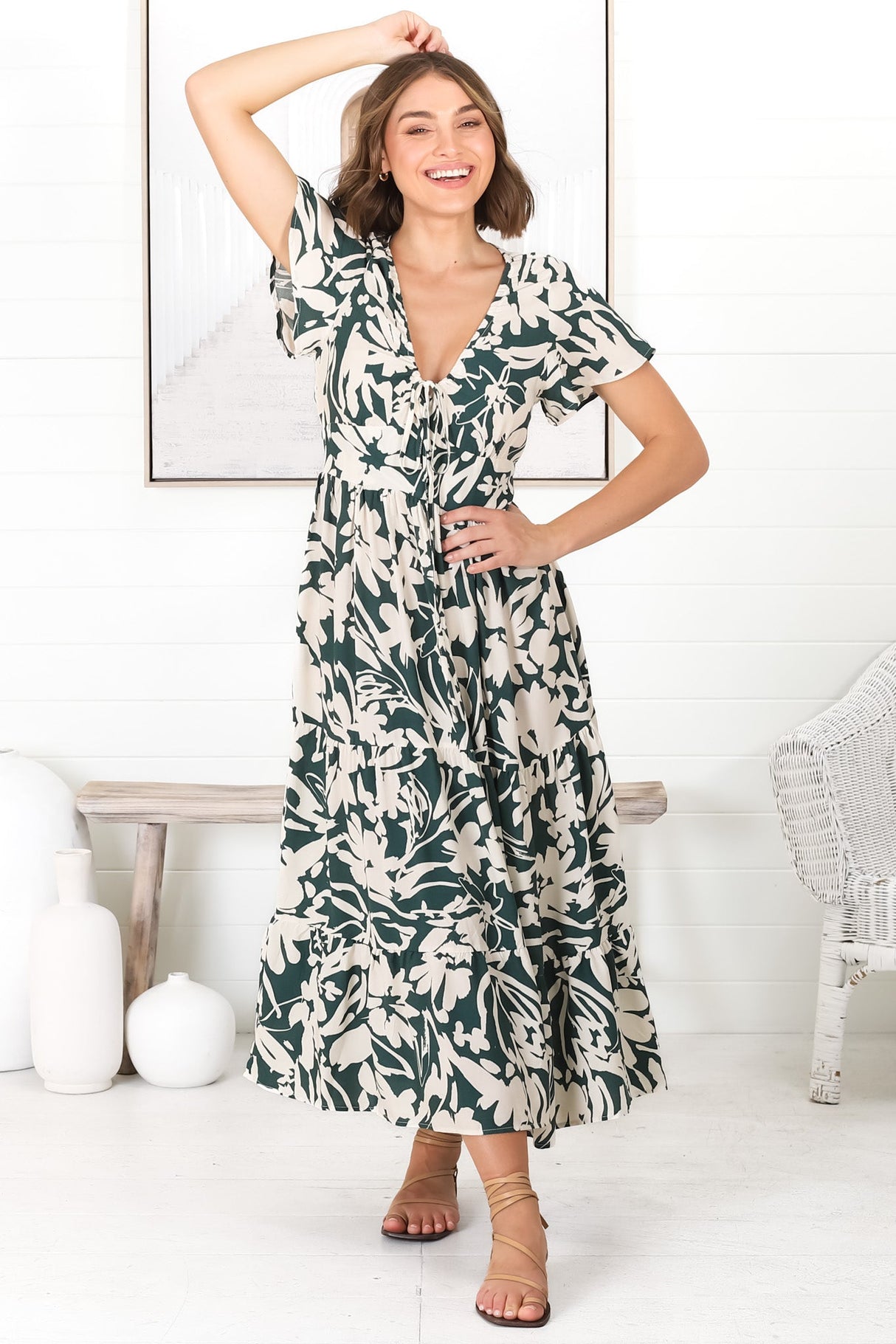 Tea Midi Dress - Pull In V Neckline Dress with Cap Sleeves in Charis Print Emerald