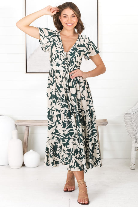 Tea Midi Dress - Pull In V Neckline Dress with Cap Sleeves in Charis Print Emerald