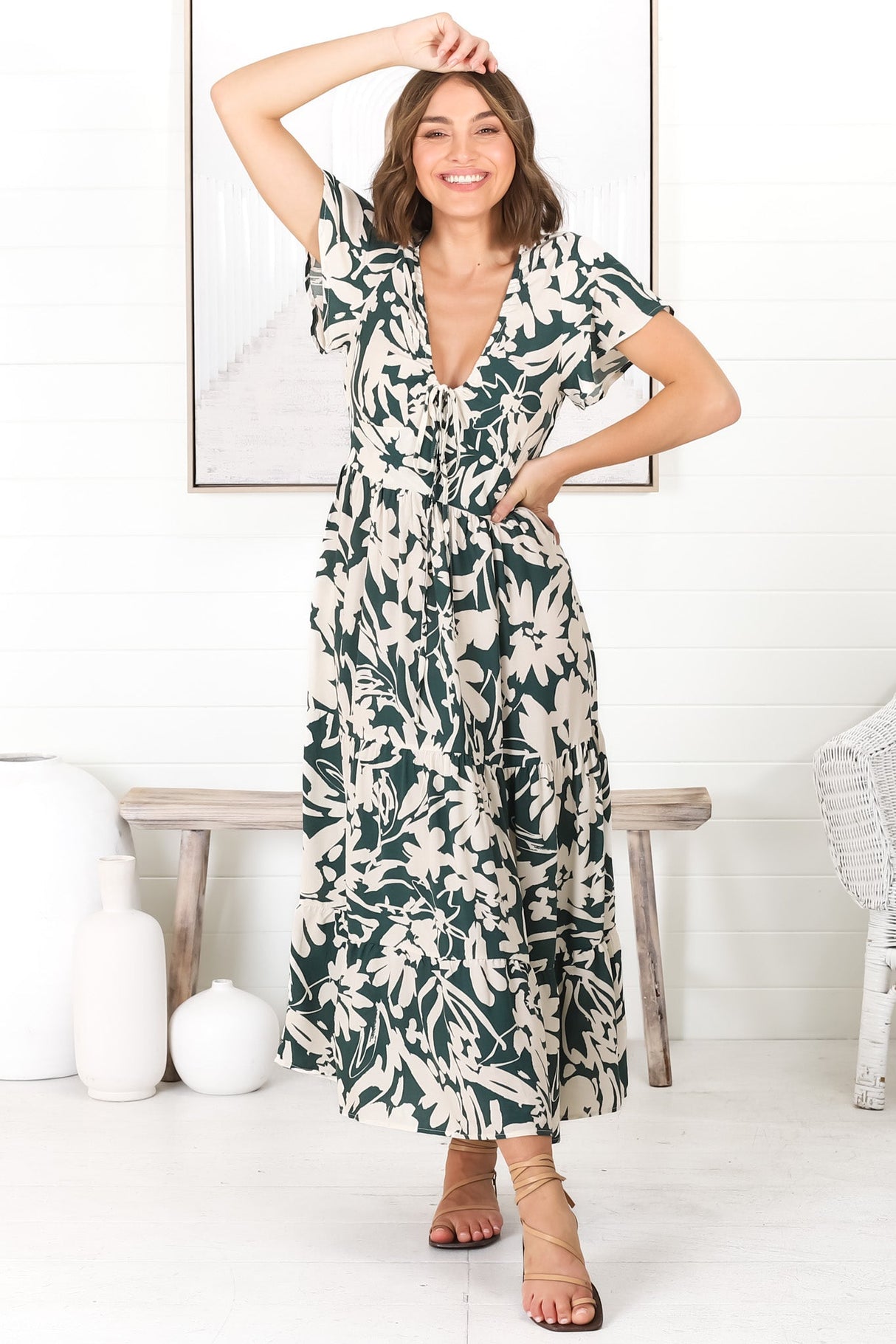 Tea Midi Dress - Pull In V Neckline Dress with Cap Sleeves in Charis Print Emerald