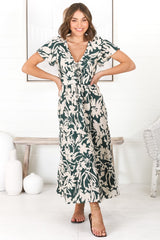 Tea Midi Dress - Pull In V Neckline Dress with Cap Sleeves in Charis Print Emerald