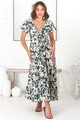 Tea Midi Dress - Pull In V Neckline Dress with Cap Sleeves in Charis Print Emerald