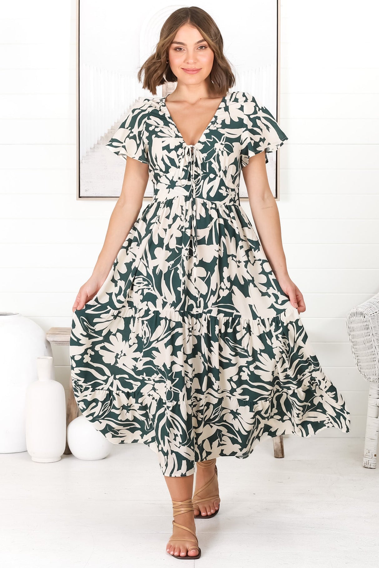 Tea Midi Dress - Pull In V Neckline Dress with Cap Sleeves in Charis Print Emerald