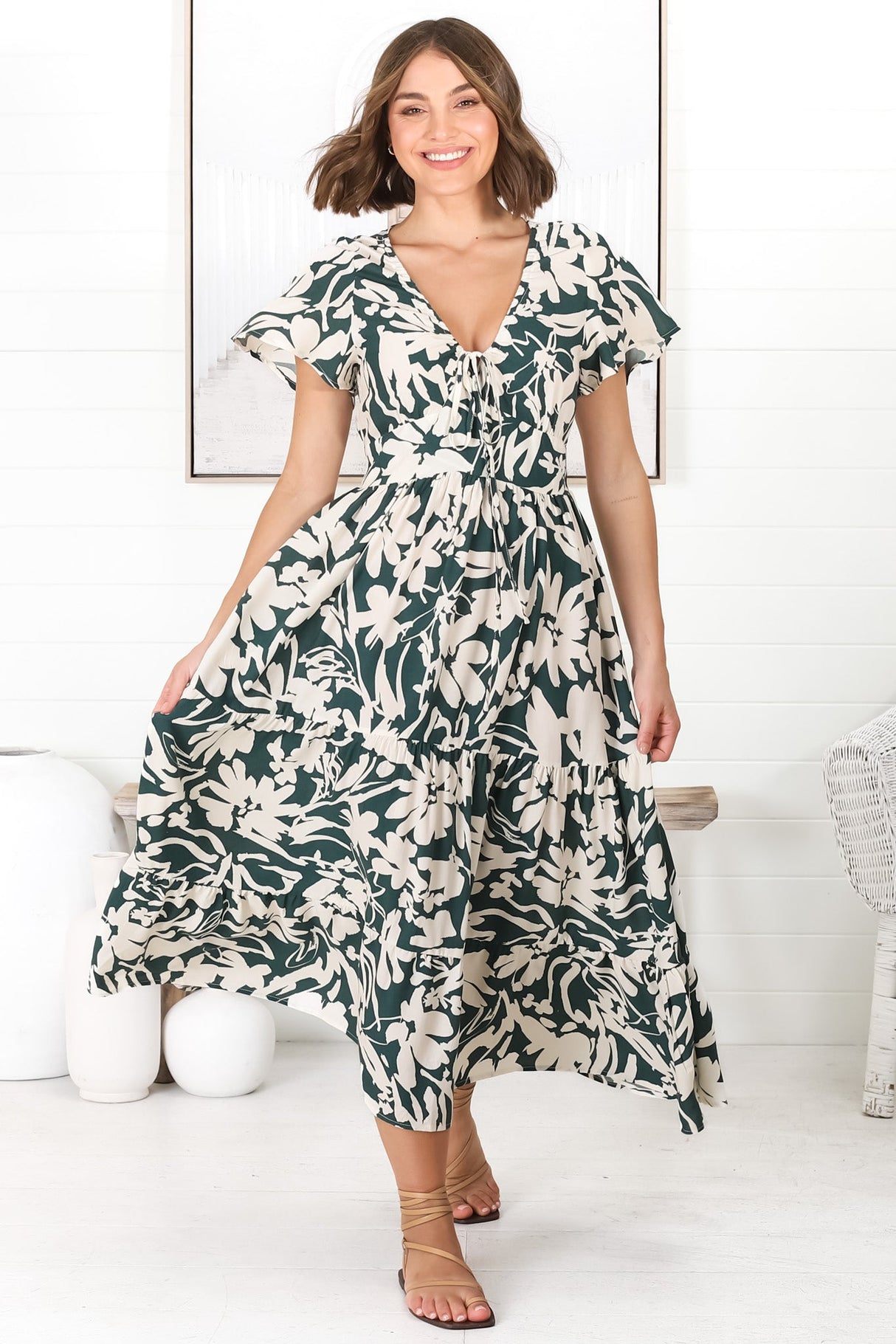 Tea Midi Dress - Pull In V Neckline Dress with Cap Sleeves in Charis Print Emerald