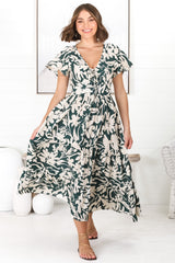 Tea Midi Dress - Pull In V Neckline Dress with Cap Sleeves in Charis Print Emerald