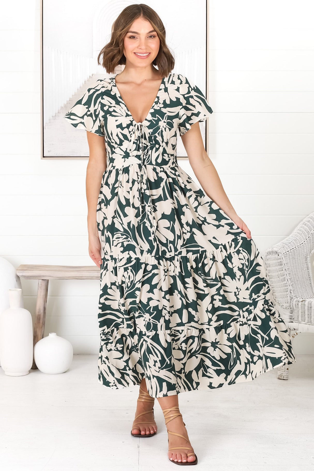 Tea Midi Dress - Pull In V Neckline Dress with Cap Sleeves in Charis Print Emerald