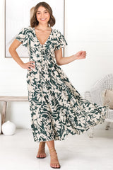 Tea Midi Dress - Pull In V Neckline Dress with Cap Sleeves in Charis Print Emerald