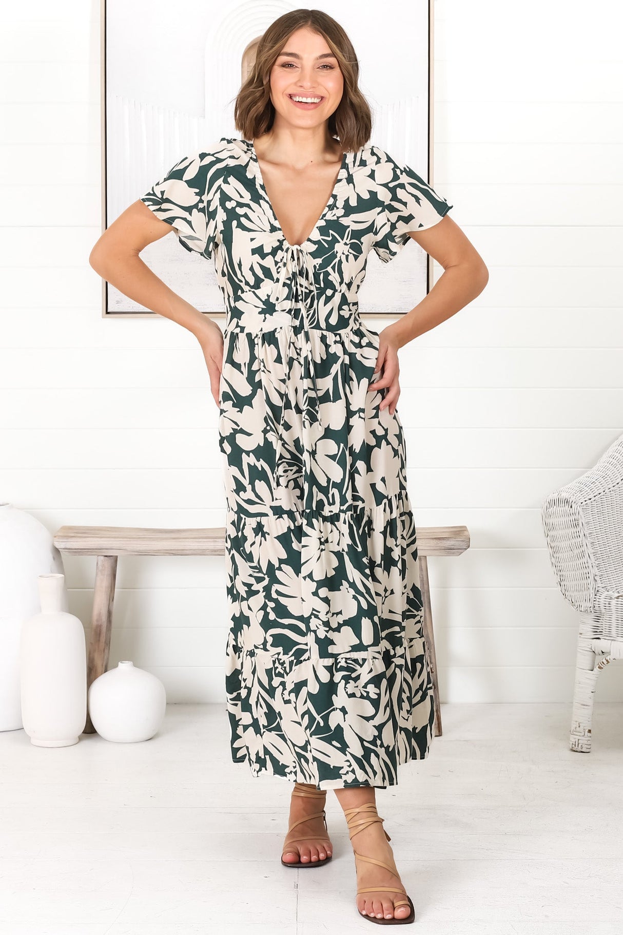 Tea Midi Dress - Pull In V Neckline Dress with Cap Sleeves in Charis Print Emerald