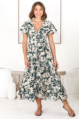 Tea Midi Dress - Pull In V Neckline Dress with Cap Sleeves in Charis Print Emerald