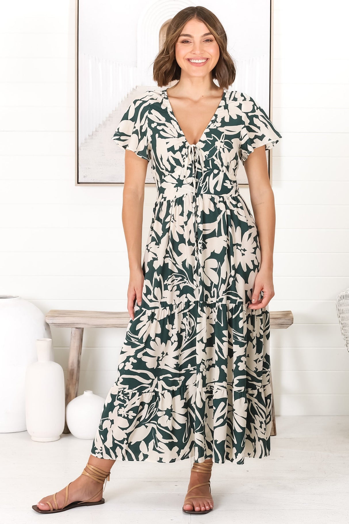 Tea Midi Dress - Pull In V Neckline Dress with Cap Sleeves in Charis Print Emerald