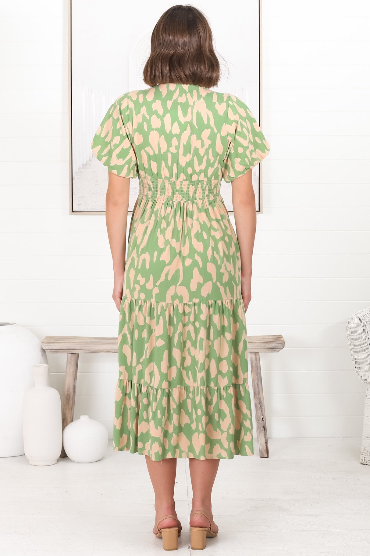 Tea Midi Dress - Pull In V Neckline Dress with Cap Sleeves in Rina Print Lime