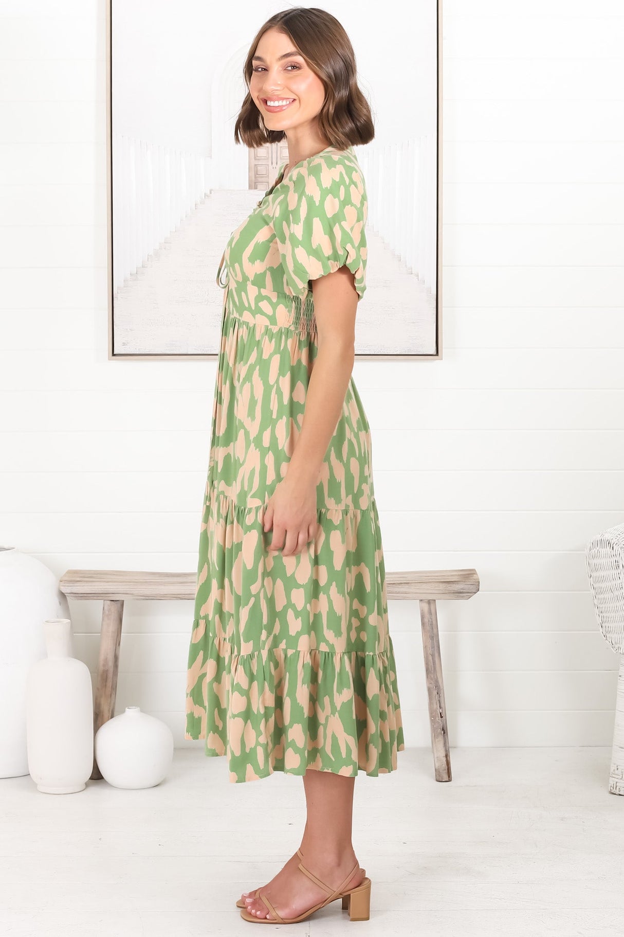 Tea Midi Dress - Pull In V Neckline Dress with Cap Sleeves in Rina Print Lime