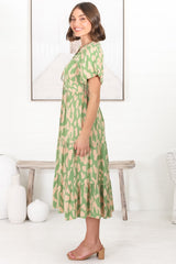 Tea Midi Dress - Pull In V Neckline Dress with Cap Sleeves in Rina Print Lime