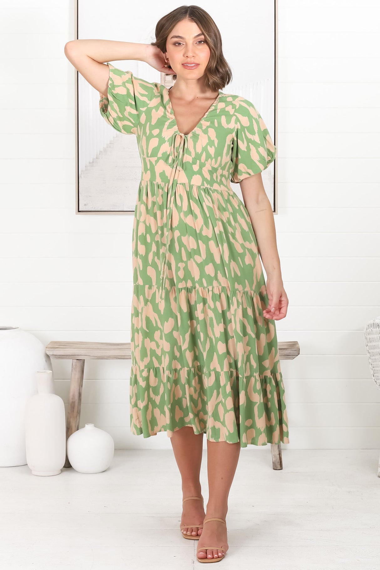 Tea Midi Dress - Pull In V Neckline Dress with Cap Sleeves in Rina Print Lime