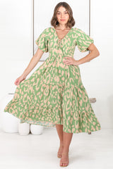 Tea Midi Dress - Pull In V Neckline Dress with Cap Sleeves in Rina Print Lime