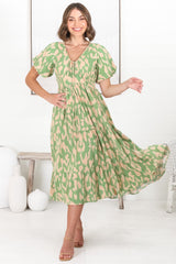 Tea Midi Dress - Pull In V Neckline Dress with Cap Sleeves in Rina Print Lime