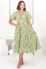 Tea Midi Dress - Pull In V Neckline Dress with Cap Sleeves in Rina Print Lime