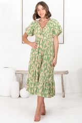 Tea Midi Dress - Pull In V Neckline Dress with Cap Sleeves in Rina Print Lime