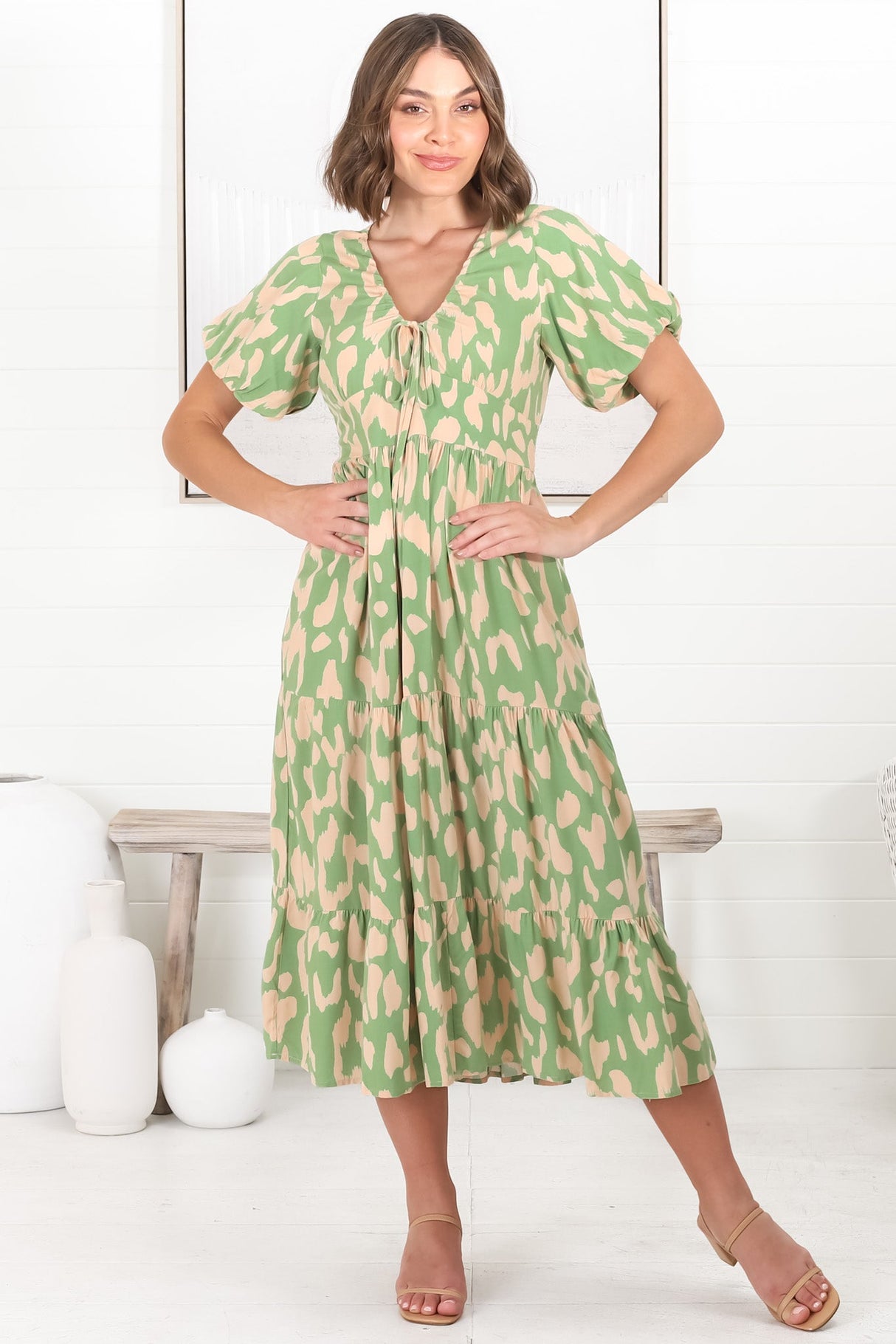 Tea Midi Dress - Pull In V Neckline Dress with Cap Sleeves in Rina Print Lime