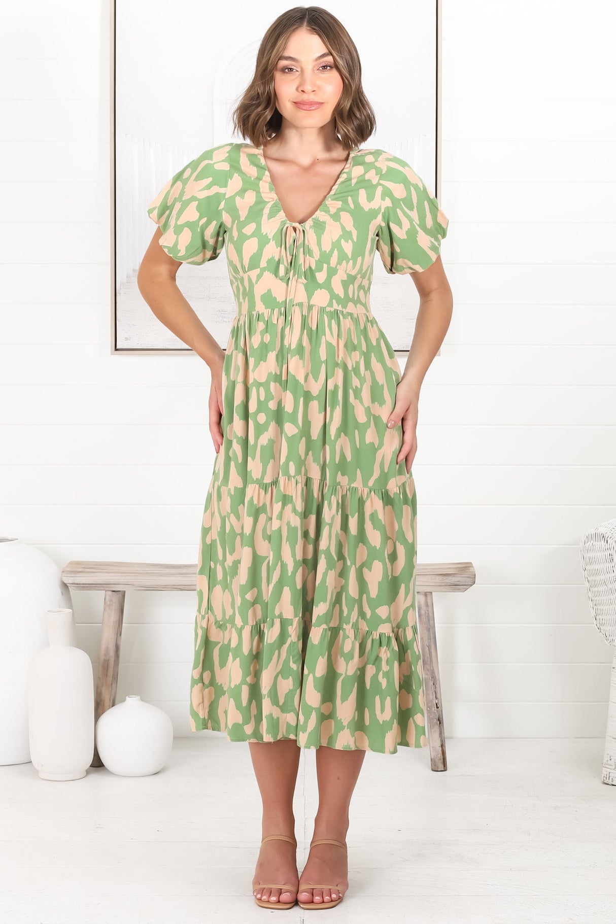 Tea Midi Dress - Pull In V Neckline Dress with Cap Sleeves in Rina Print Lime