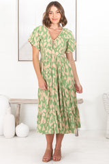 Tea Midi Dress - Pull In V Neckline Dress with Cap Sleeves in Rina Print Lime