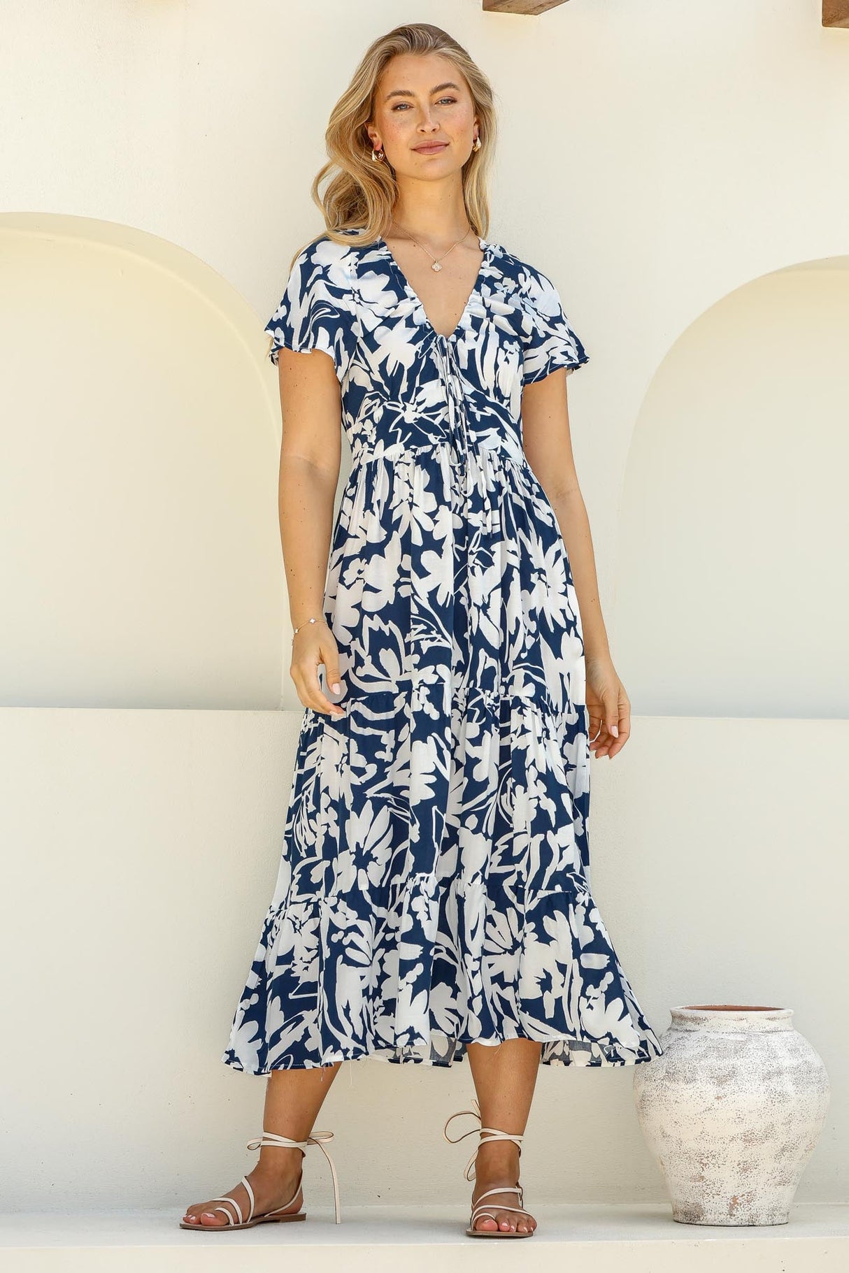 Tea Midi Dress - Pull In V Neckline Dress with Cap Sleeves in Charis Print Blue