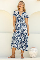 Tea Midi Dress - Pull In V Neckline Dress with Cap Sleeves in Charis Print Blue