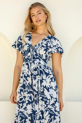 Tea Midi Dress - Pull In V Neckline Dress with Cap Sleeves in Charis Print Blue