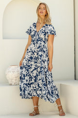 Tea Midi Dress - Pull In V Neckline Dress with Cap Sleeves in Charis Print Blue