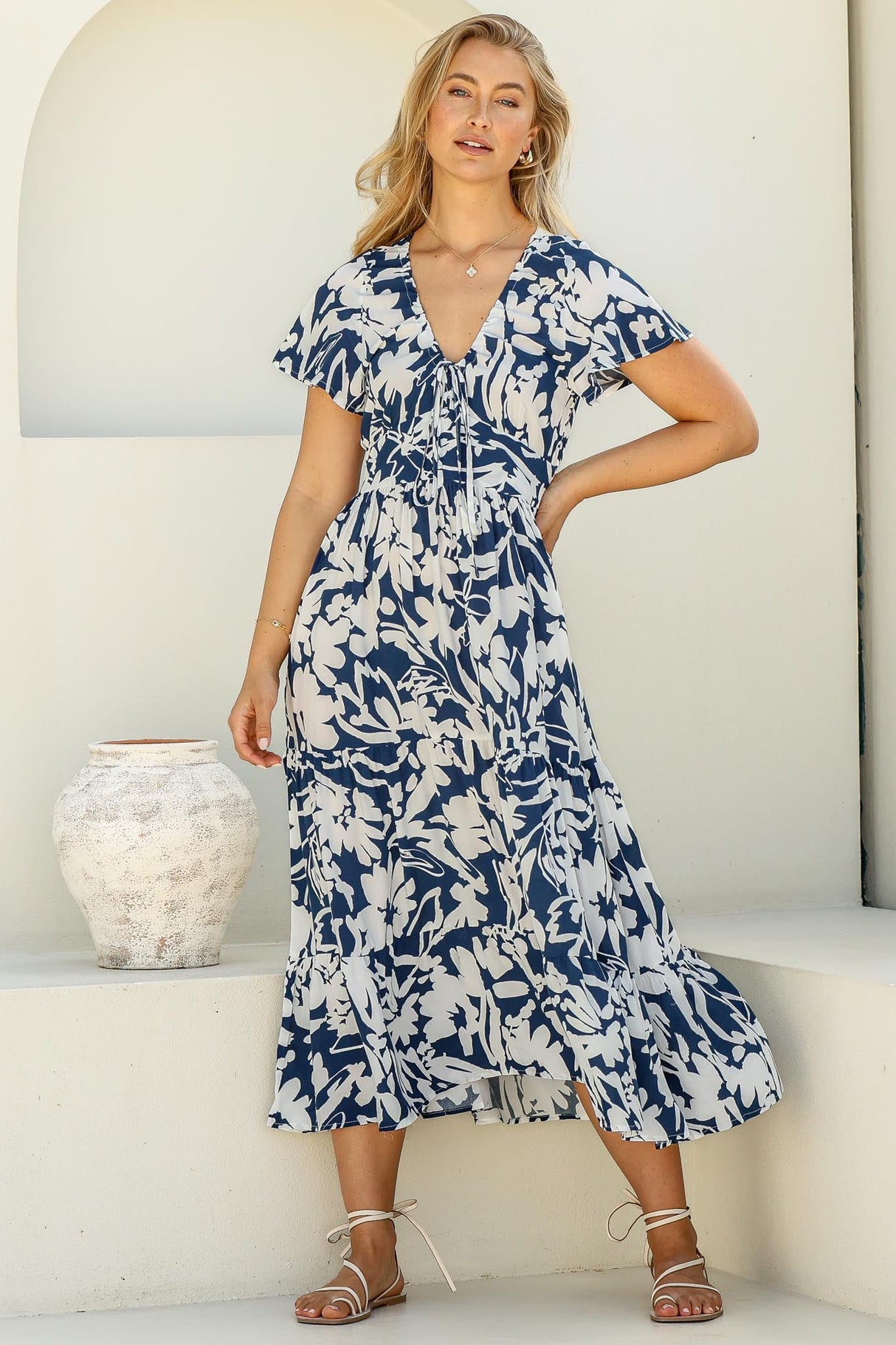 Tea Midi Dress - Pull In V Neckline Dress with Cap Sleeves in Charis Print Blue