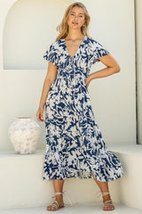 Tea Midi Dress - Pull In V Neckline Dress with Cap Sleeves in Charis Print Blue