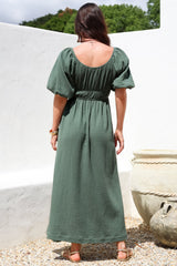 Teddie Maxi Dress - On or Off Shoulder Gathered Waist A-Line Dress in Emerald