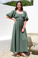 Teddie Maxi Dress - On or Off Shoulder Gathered Waist A-Line Dress in Emerald