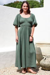 Teddie Maxi Dress - On or Off Shoulder Gathered Waist A-Line Dress in Emerald