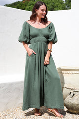 Teddie Maxi Dress - On or Off Shoulder Gathered Waist A-Line Dress in Emerald