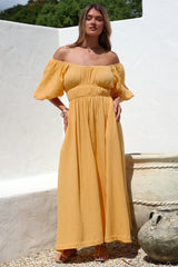 Teddie Maxi Dress - On or Off Shoulder Gathered Waist A-Line Dress in Mustard