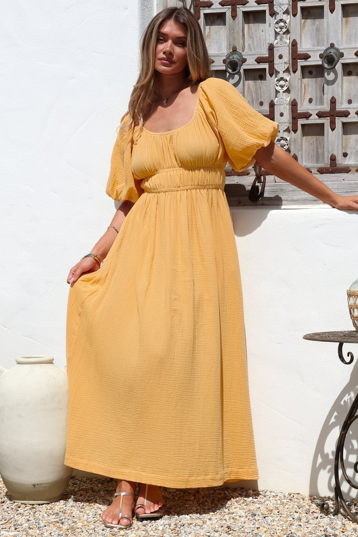 Teddie Maxi Dress - On or Off Shoulder Gathered Waist A-Line Dress in Mustard