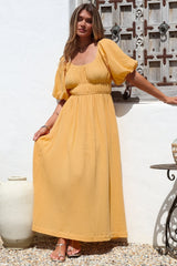 Teddie Maxi Dress - On or Off Shoulder Gathered Waist A-Line Dress in Mustard