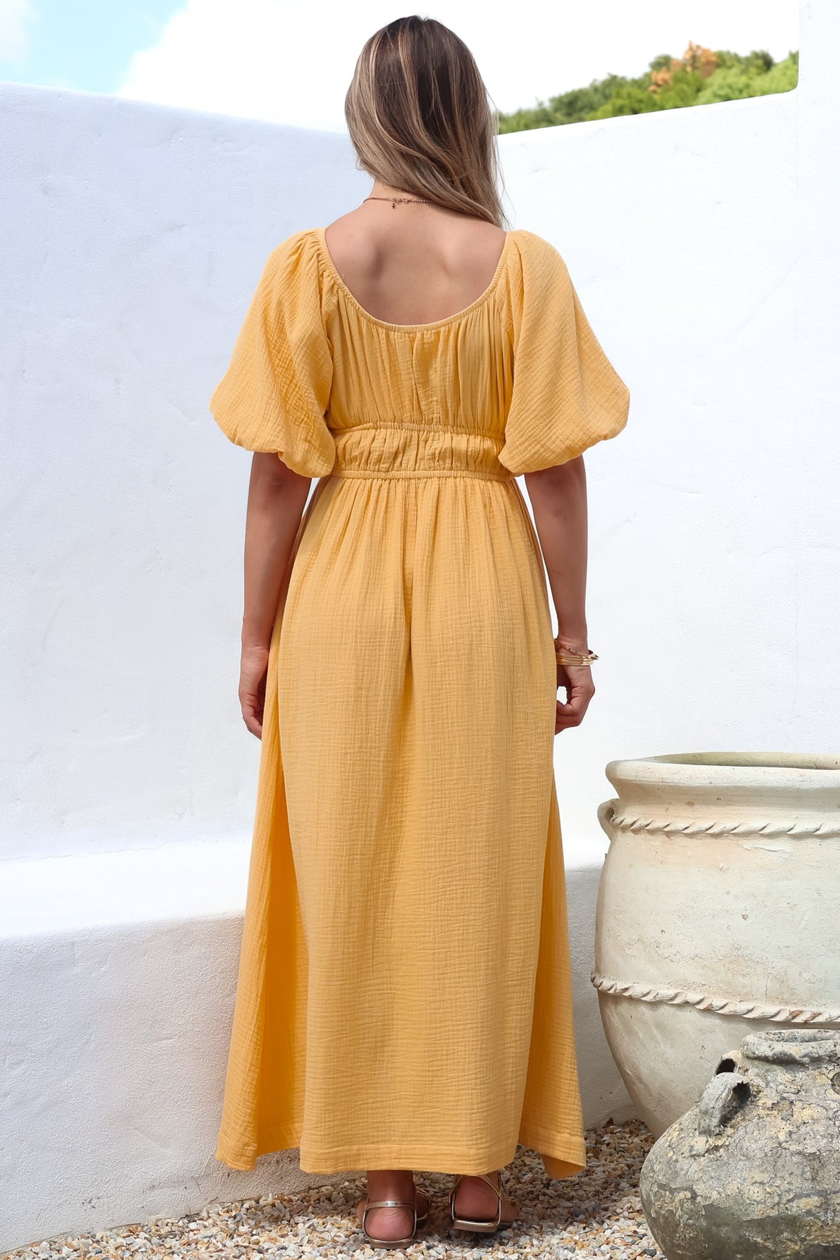 Teddie Maxi Dress - On or Off Shoulder Gathered Waist A-Line Dress in Mustard