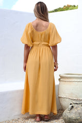 Teddie Maxi Dress - On or Off Shoulder Gathered Waist A-Line Dress in Mustard