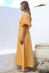 Teddie Maxi Dress - On or Off Shoulder Gathered Waist A-Line Dress in Mustard